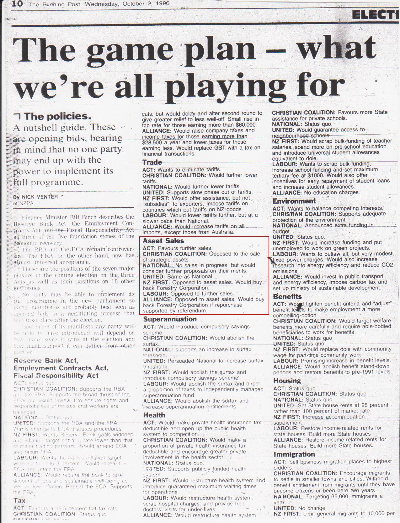 the Game plan - what we're all playing for - Eveni ng Post - 2 October 1996