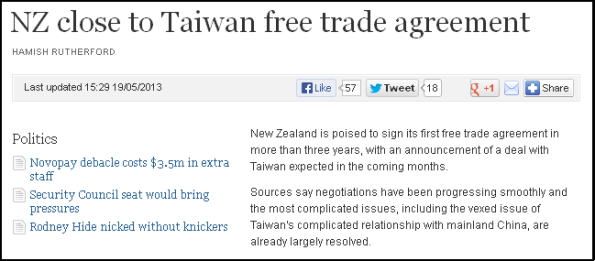 NZ close to Taiwan free trade agreement