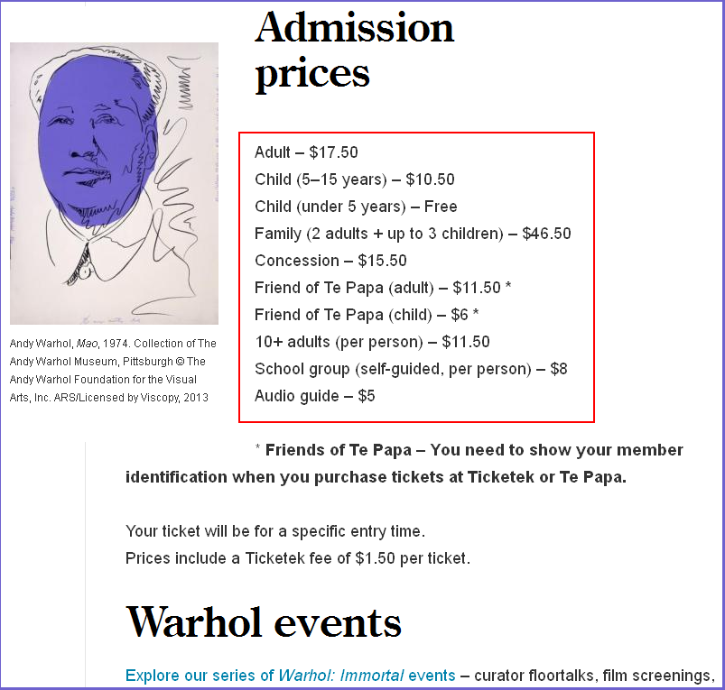 te papa andy warhol exhibition admission prices 9.6.2013