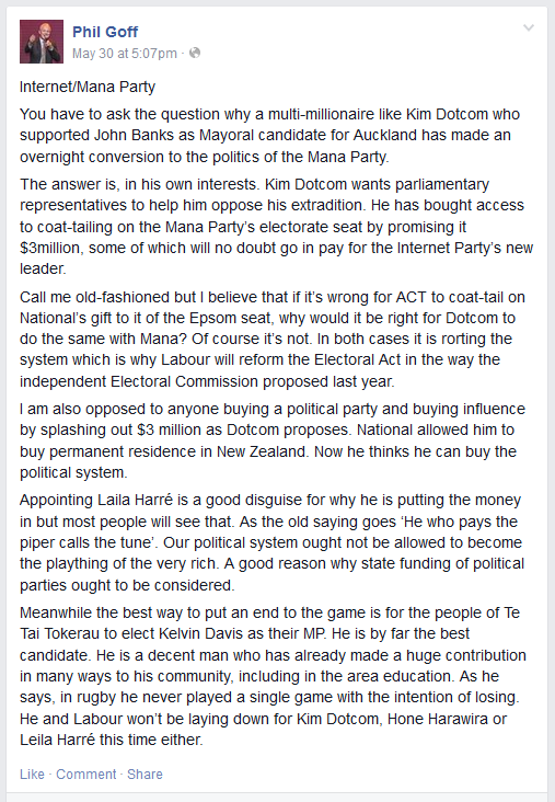 Phil Goff - facebook - Mana party - internet party - labour party