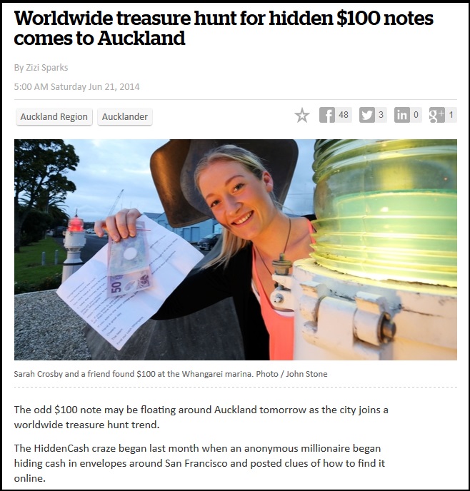 Worldwide treasure hunt for hidden $100 notes comes to Auckland