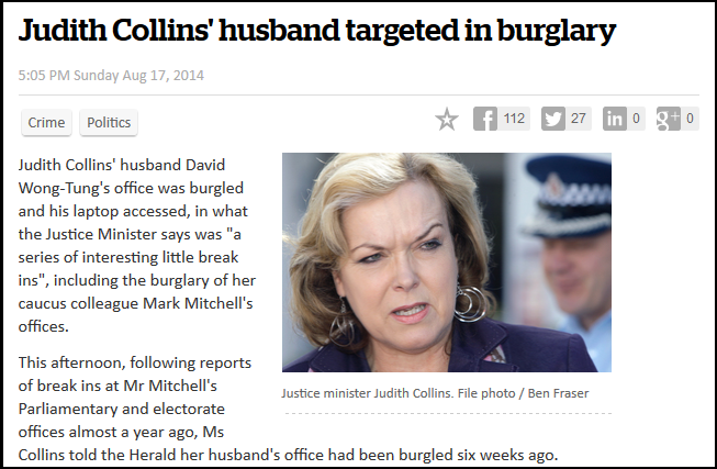 Judith Collins' husband targeted in burglary