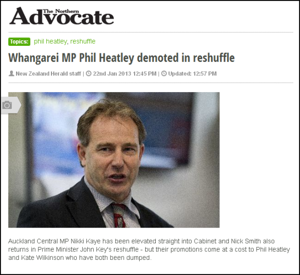 Whangarei MP Phil Heatley demoted in reshuffle