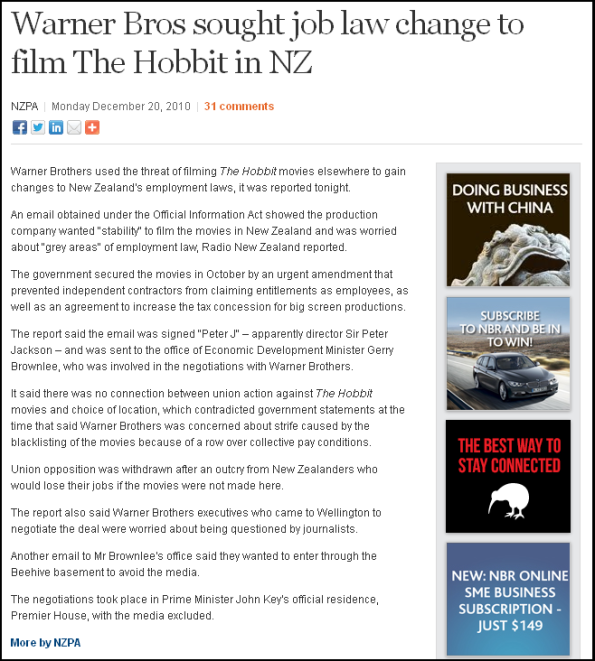 Warner Bros sought job law change to film The Hobbit in NZ