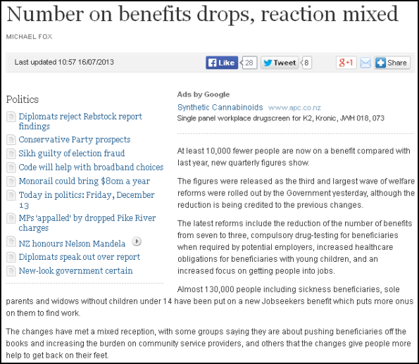 Number on benefits drops, reaction mixed - 16.7.2013