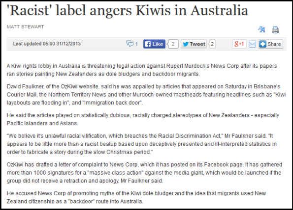 'Racist' label angers Kiwis in Australia