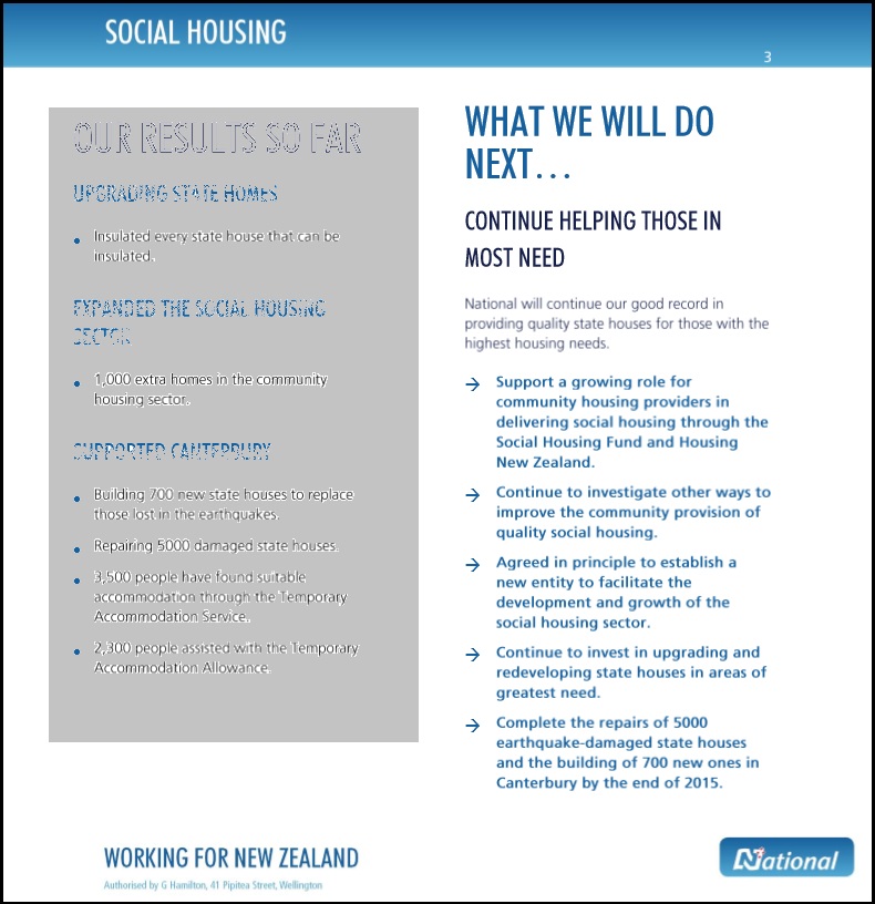 National Party - 2014 election - social housing policy - Housing NZ