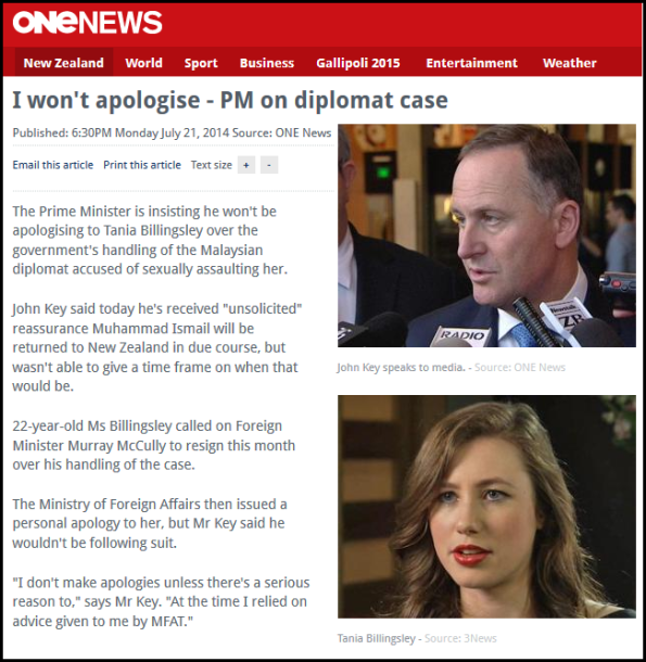 Tania Billingsley - I won't apologise - PM on diplomat case - John Key