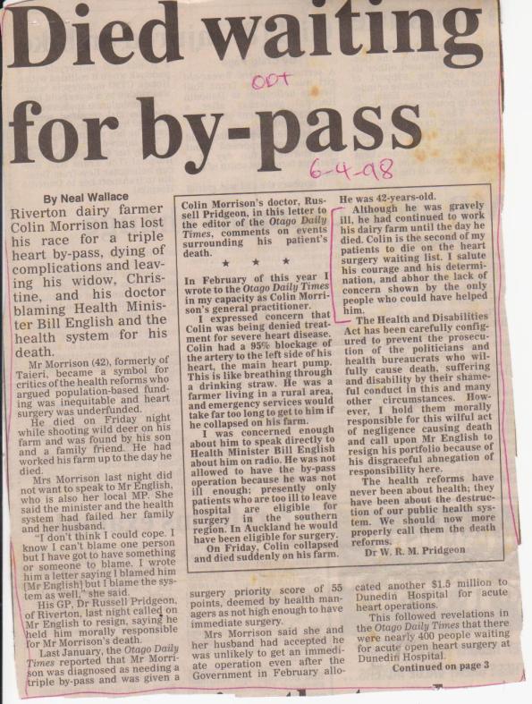 Died waiting for by-pass - Otago Daily Times, 6 April  1998  (1)