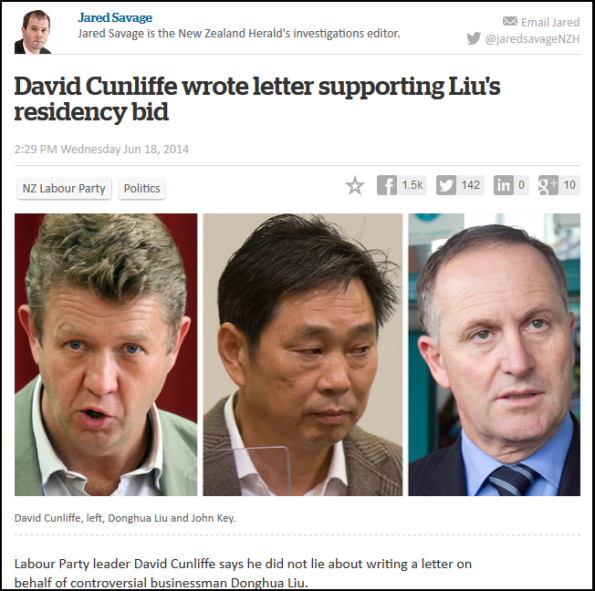 NZ Herald - Businessman gifts $150k to Labour Party - Donghua Liu - David Cunliffe - letter for immigration nz