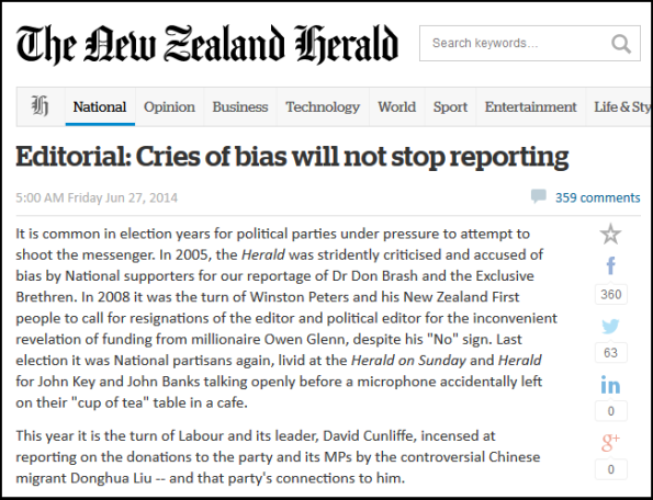 NZ Herald - Editorial - Cries of bias will not stop reporting - Donghua Liu - David Cunliffe - $100,000 bottle wine