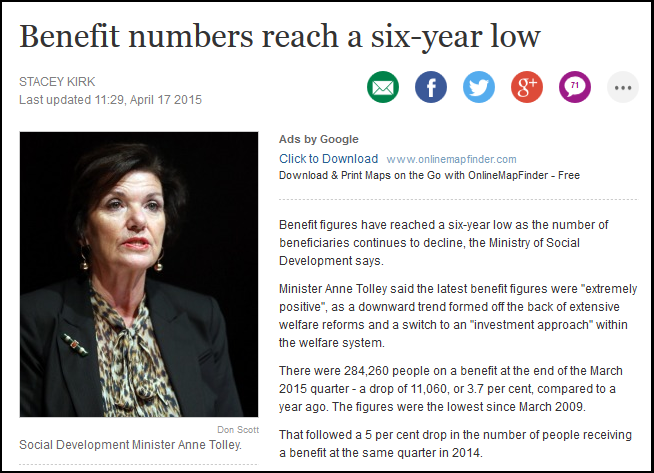 Benefit numbers reach a six-year low  - fairfax media - winz - msd