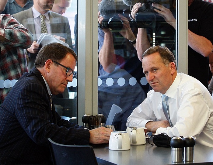 Act member for Remuera, John Banks and Prime Minister John Key stop in for a cup of tea and a chat at the Urban Cafe. 12 November 2011 New Zealand Listener Picture by David White.