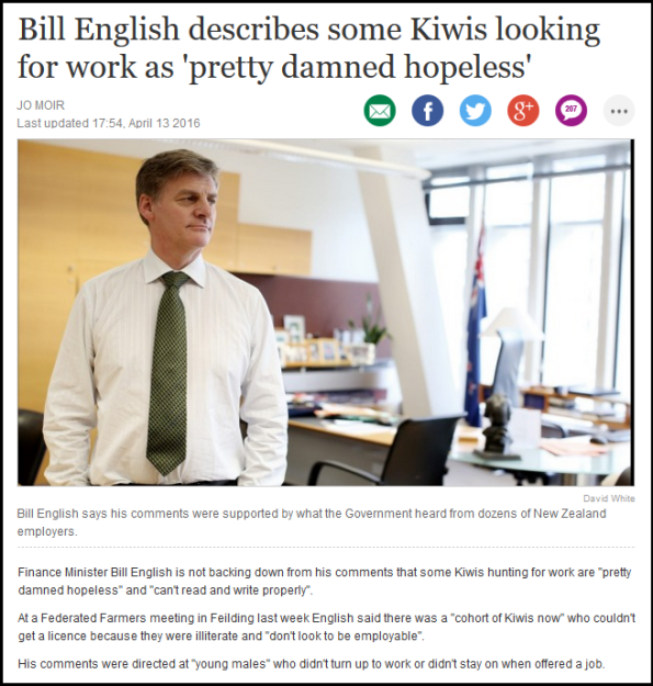 Bill English describes some Kiwis looking for work as 'pretty damned hopeless'