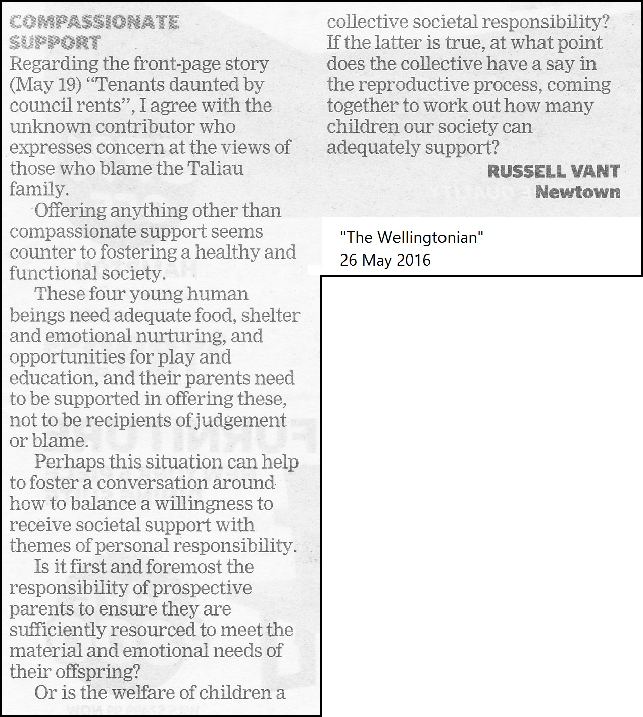 letter to the editor - homelessness - class eugenics - russell vant