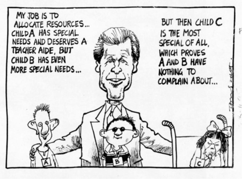 1995 Tom Scott Cartoon featuring Minister of Education Lockwood Smith and three children with special needs. Ref: H-242-020 Turnbull Library