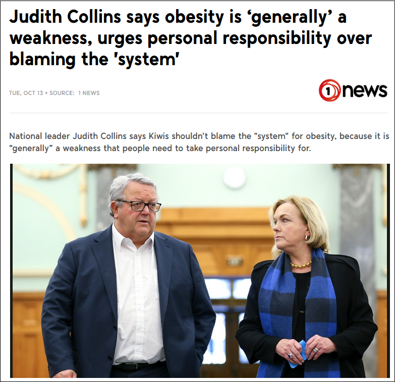 Judith Collins says obesity is a weakness